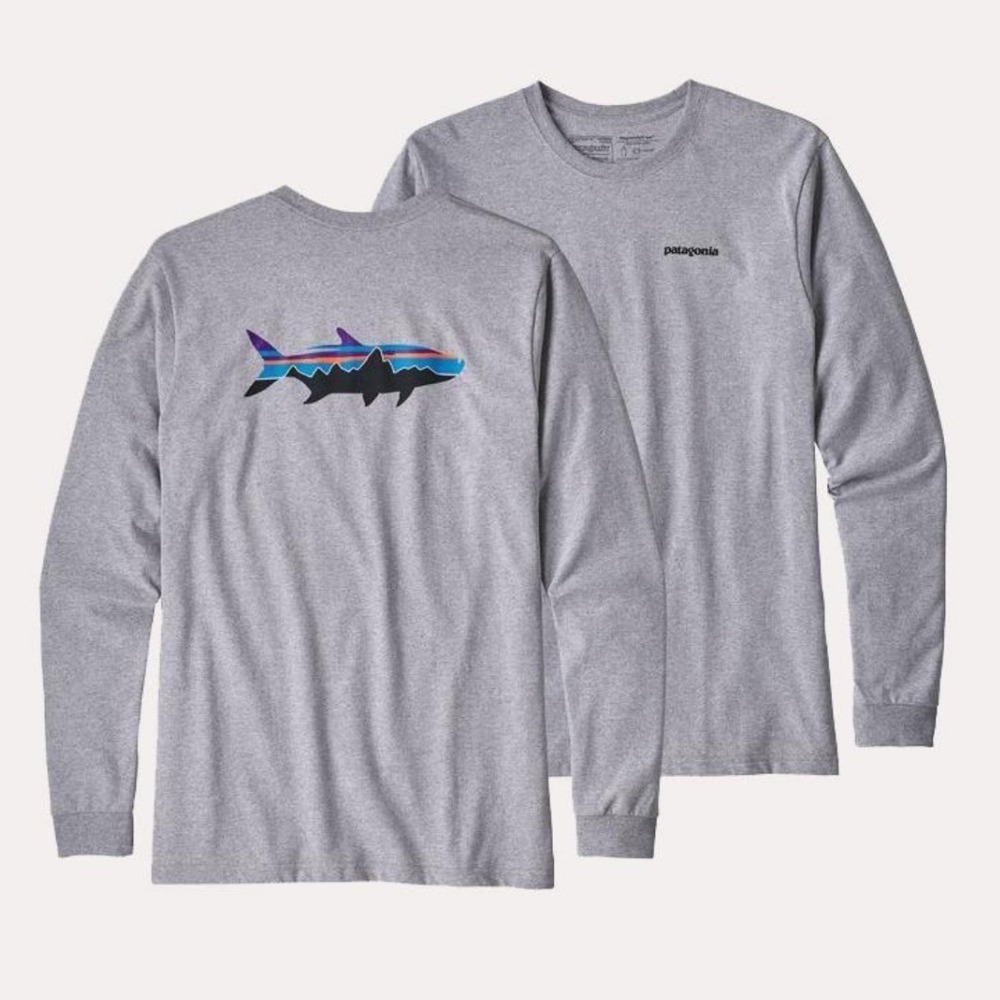PATAGONIA | Men's Gray Fitz Roy Trout Long Sleeve Graphic Logo‎ T-Shirt, Size XS